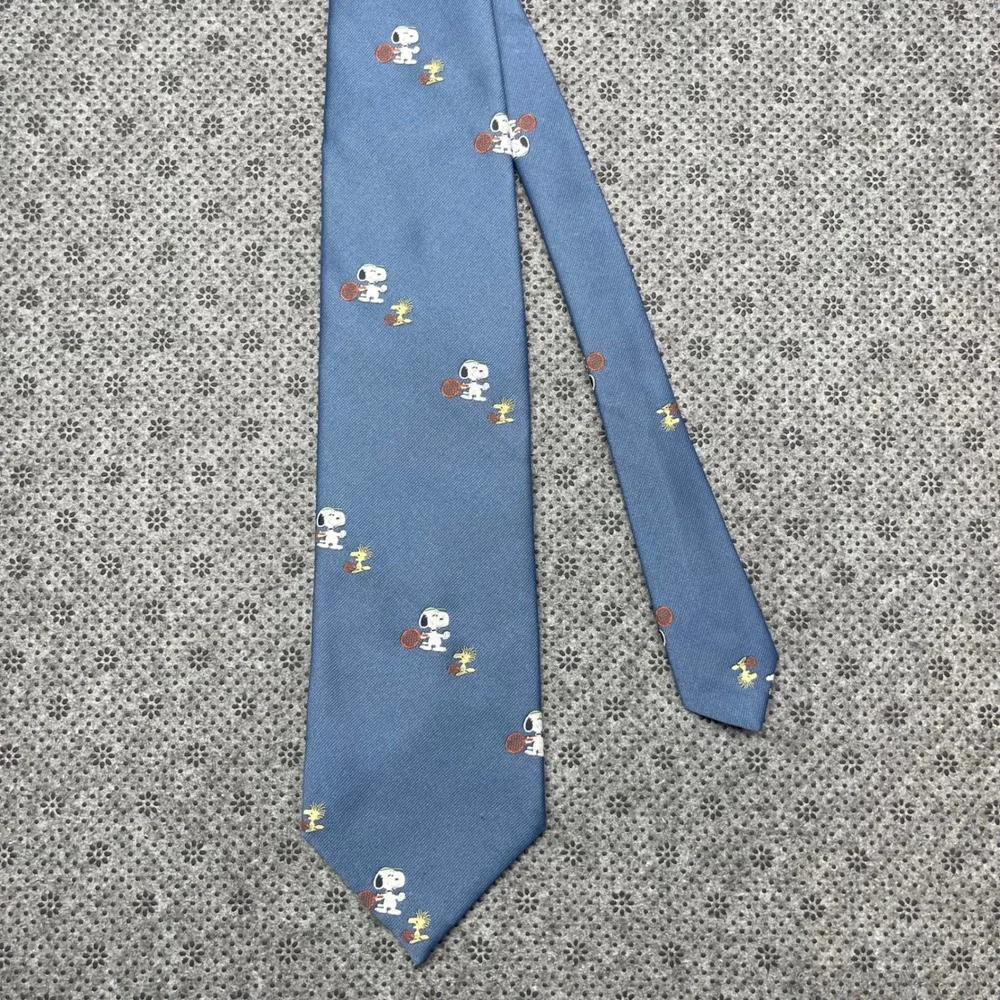 Vintage 70s Resilio Peanuts Snoopy Woodstock Tennis Blue Silk Blend Necktie Tie